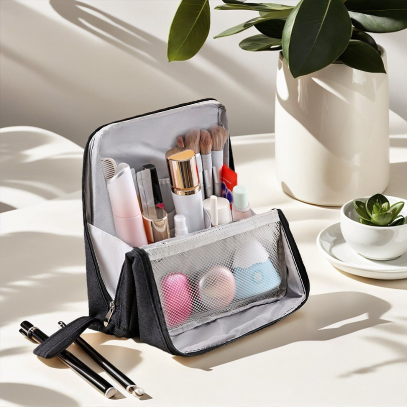 Travel Makeup Bag with Compartments Structured Waterproof Cosmetic Organiser Bag with Brush Holder and Mesh Pockets for Travel and Vanity