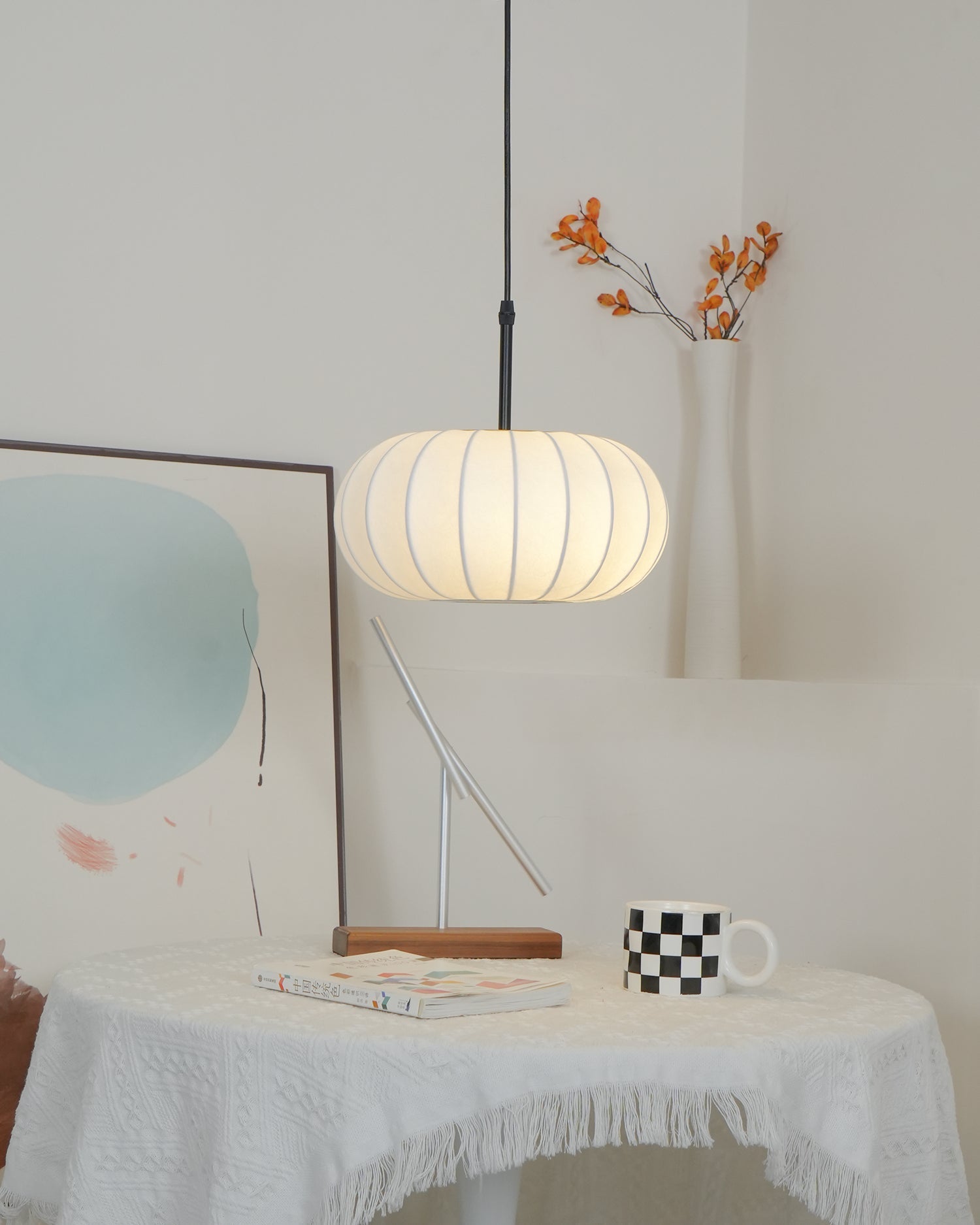 Ribbed Oval Pendant Light With Segmented Shade