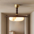 Wood And Glass Semi Flush Ceiling Light With Brass Fitting