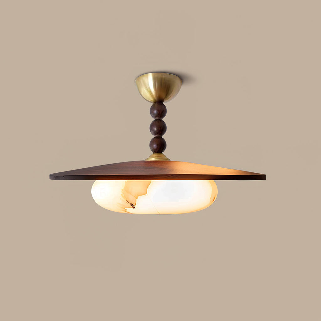 Wood And Glass Semi Flush Ceiling Light With Brass Fitting