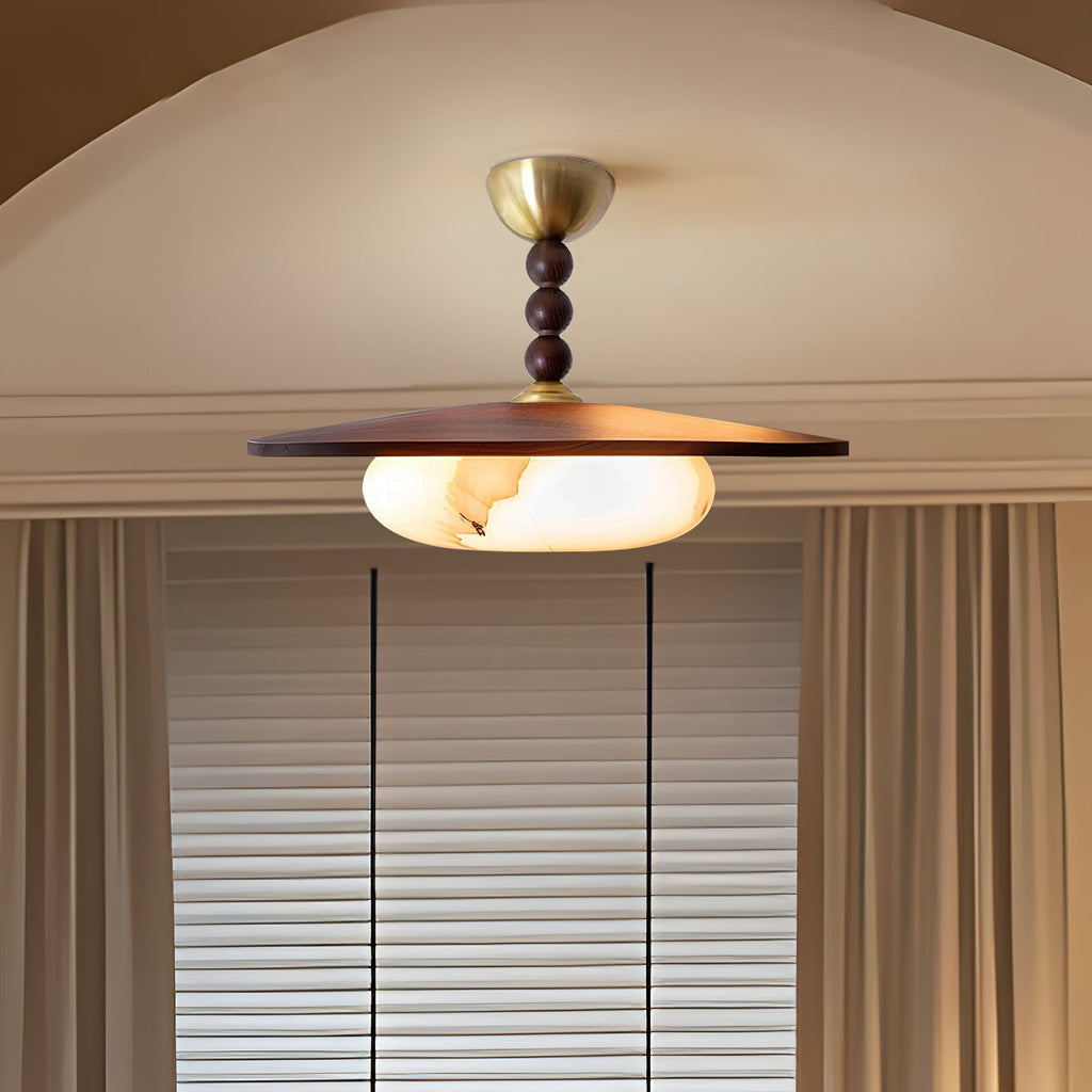 Wood And Glass Semi Flush Ceiling Light With Brass Fitting