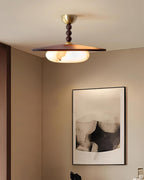 Wood And Glass Semi Flush Ceiling Light With Brass Fitting