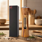 Wooden Salt and Pepper Mill Set Adjustable Grinder with Ceramic and Steel Mechanism Clear Acrylic Window Refillable Single | Pair or with Stand