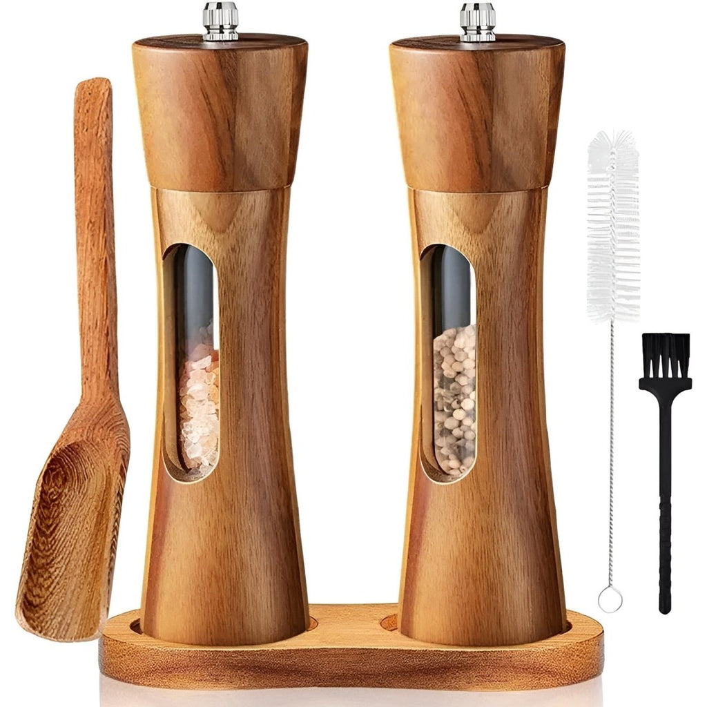 Wooden Salt and Pepper Mill Set Adjustable Grinder with Ceramic and Steel Mechanism Clear Acrylic Window Refillable Single | Pair or with Stand