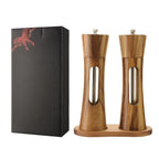 Wooden Salt and Pepper Mill Set Adjustable Grinder with Ceramic and Steel Mechanism Clear Acrylic Window Refillable Single | Pair or with Stand