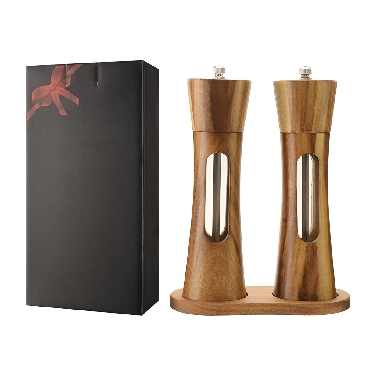 Wooden Salt and Pepper Mill Set Adjustable Grinder with Ceramic and Steel Mechanism Clear Acrylic Window Refillable Single | Pair or with Stand