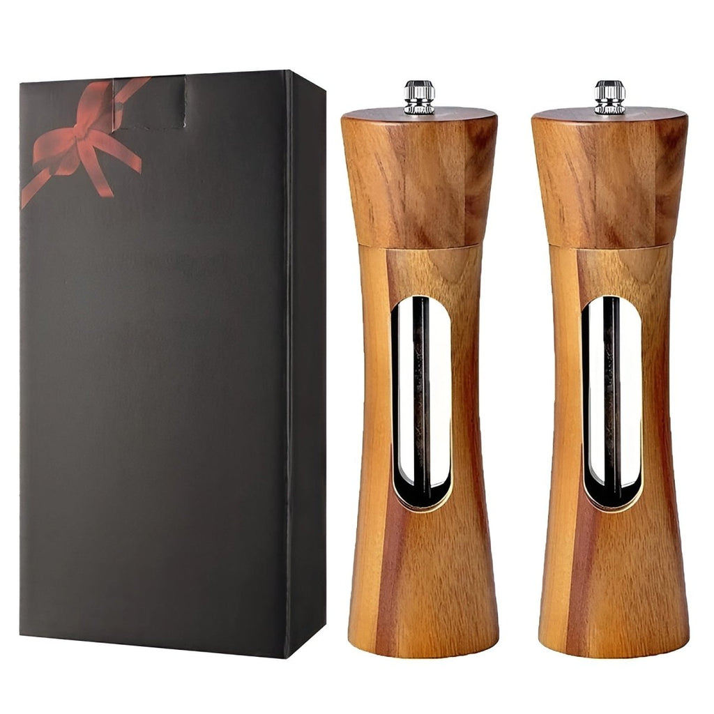Wooden Salt and Pepper Mill Set Adjustable Grinder with Ceramic and Steel Mechanism Clear Acrylic Window Refillable Single | Pair or with Stand