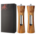 Wooden Salt and Pepper Mill Set Adjustable Grinder with Ceramic and Steel Mechanism Clear Acrylic Window Refillable Single | Pair or with Stand