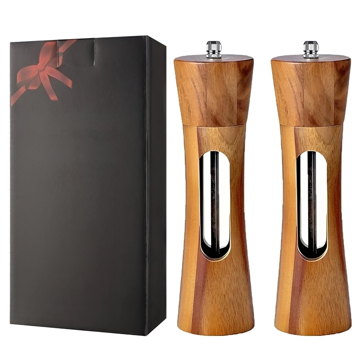 Wooden Salt and Pepper Mill Set Adjustable Grinder with Ceramic and Steel Mechanism Clear Acrylic Window Refillable Single | Pair or with Stand