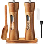 Wooden Salt and Pepper Mill Set Adjustable Grinder with Ceramic and Steel Mechanism Clear Acrylic Window Refillable Single | Pair or with Stand