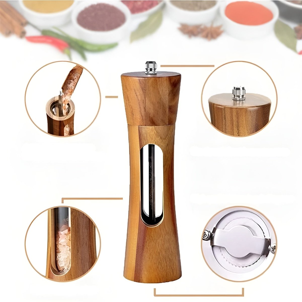 Wooden Salt and Pepper Mill Set Adjustable Grinder with Ceramic and Steel Mechanism Clear Acrylic Window Refillable Single | Pair or with Stand
