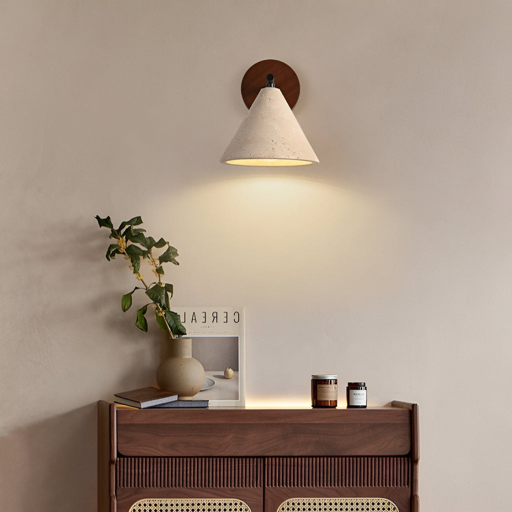 Yellow Travertine Cone Wall Light With Wood Base LED Light