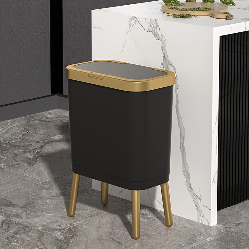 Slim Kitchen Bin with Lid and Raised Legs Odour Sealing Press-Top Rubbish Bin with Metallic Trim Waste Bin for Kitchen | Bathroom and Living Room
