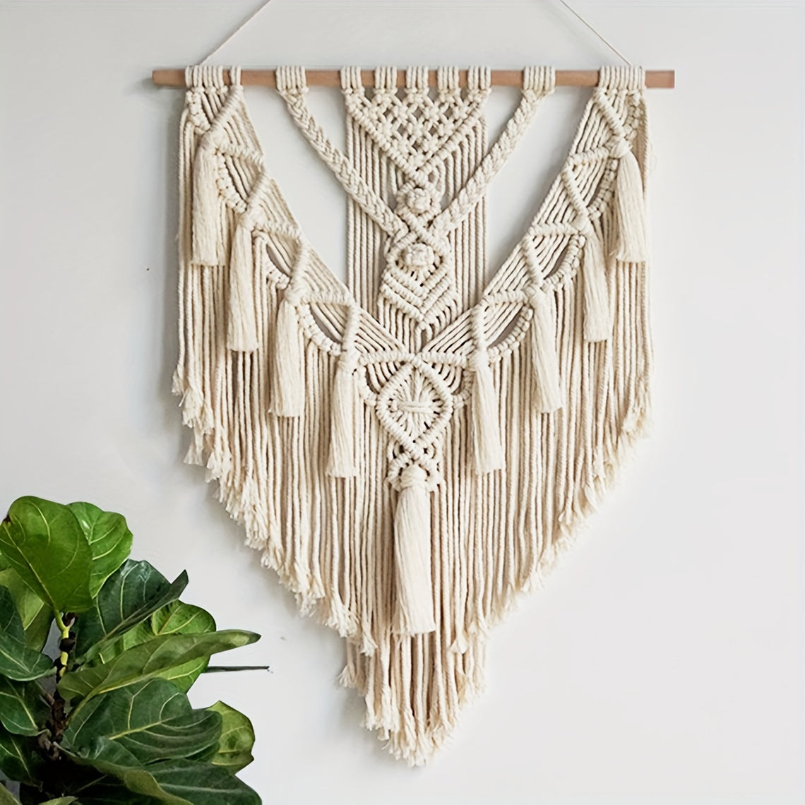 Macrame Wall Hanging Bohemian Woven Tapestry Handcrafted Knotted Wall Art with Tassels and Wooden Dowel for Bedroom | Living Room and Entryway