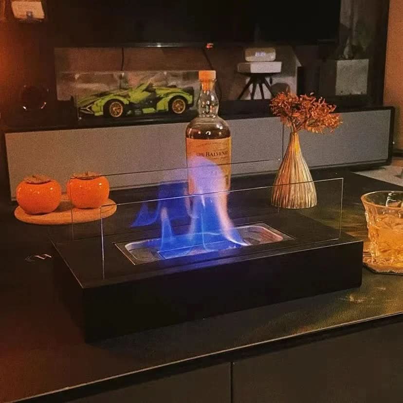 Portable Bioethanol Table Fireplace Tempered Glass and Steel Tabletop Fire Smokeless for Indoor and Outdoor Use