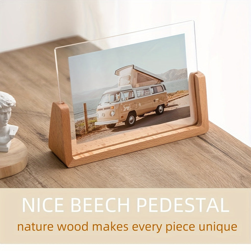 Acrylic Photo Frame with Wooden Base Clear U-Shaped Picture Frame Modern Minimalist Tabletop Frame for Desk | Shelf and Bedside