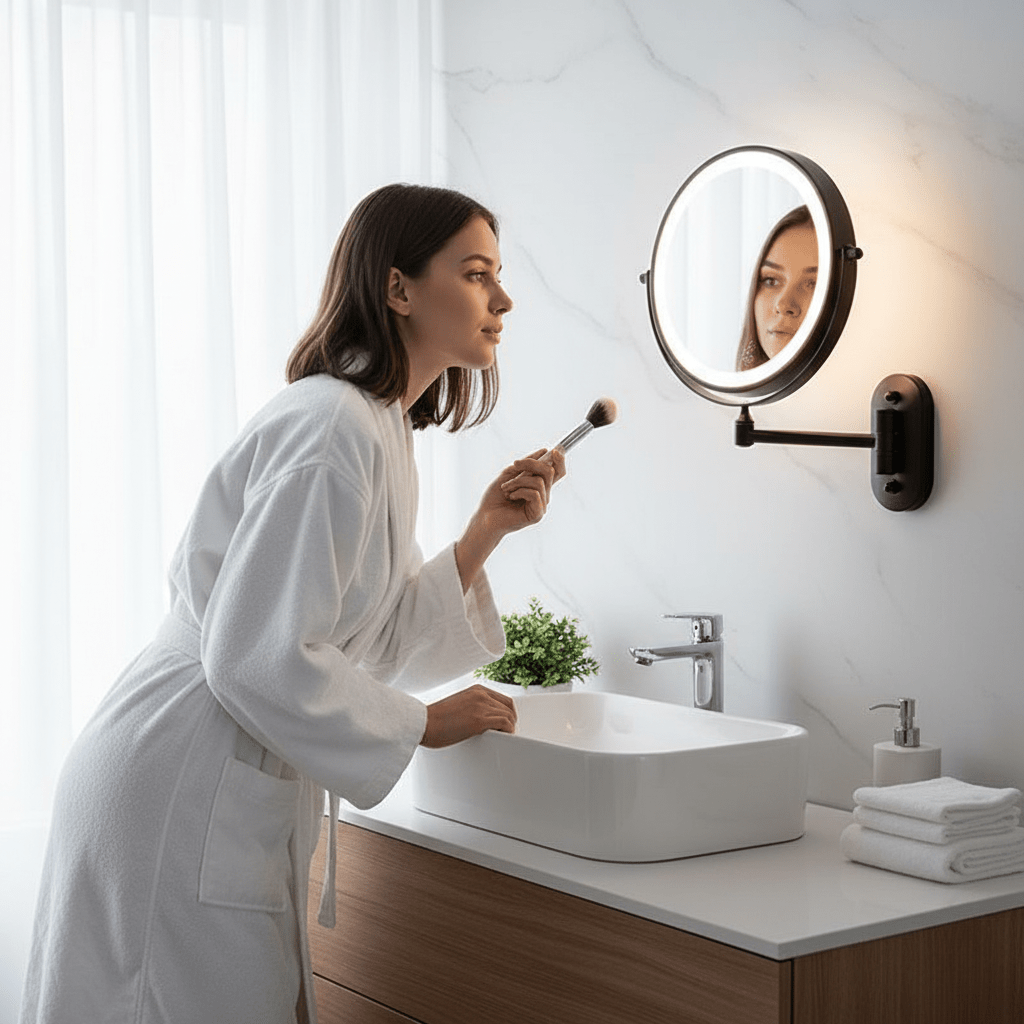 LED Magnifying Makeup Mirror Wall-Mounted Rechargeable Illuminated Vanity Mirror with Touch Control and Extendable Arm