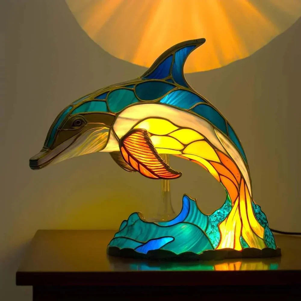 Stained Glass Wolf Table Lamp With Colourful Mosaic Shade And Ambient Glow