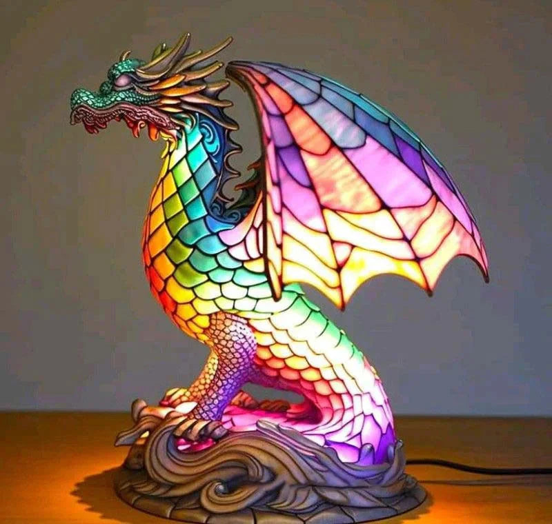 Stained Glass Wolf Table Lamp With Colourful Mosaic Shade And Ambient Glow