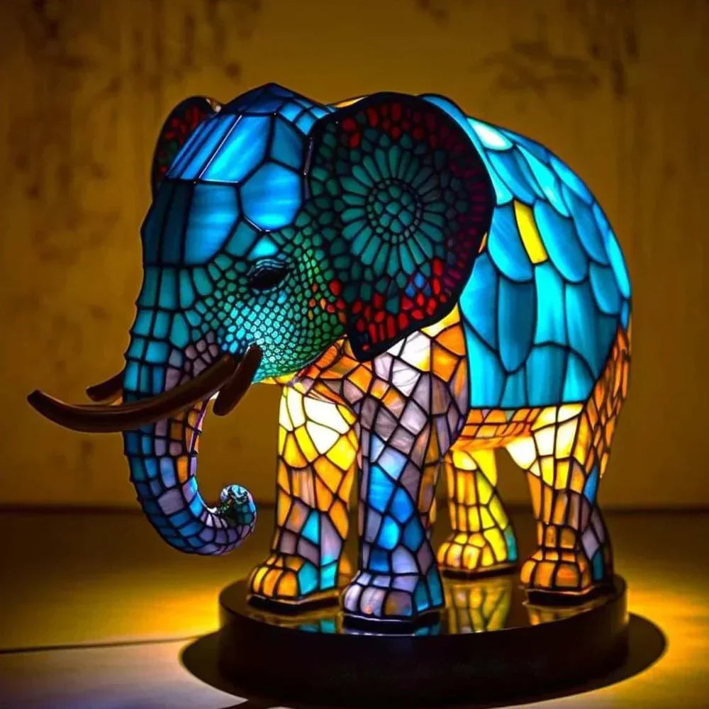 Stained Glass Wolf Table Lamp With Colourful Mosaic Shade And Ambient Glow