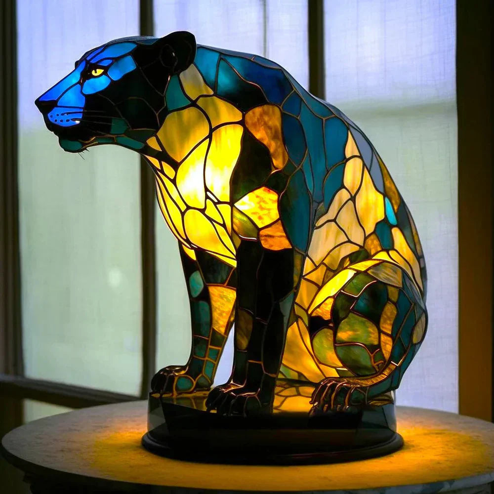 Stained Glass Wolf Table Lamp With Colourful Mosaic Shade And Ambient Glow