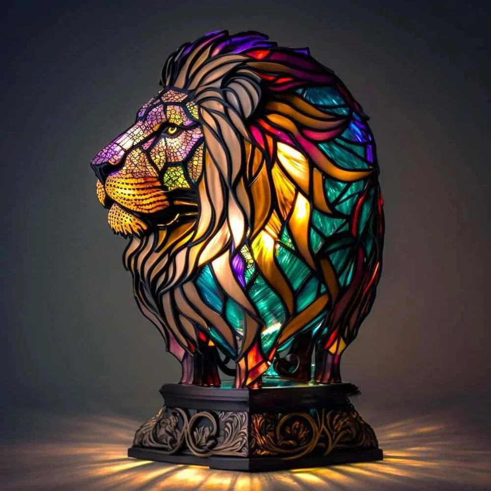 Stained Glass Wolf Table Lamp With Colourful Mosaic Shade And Ambient Glow