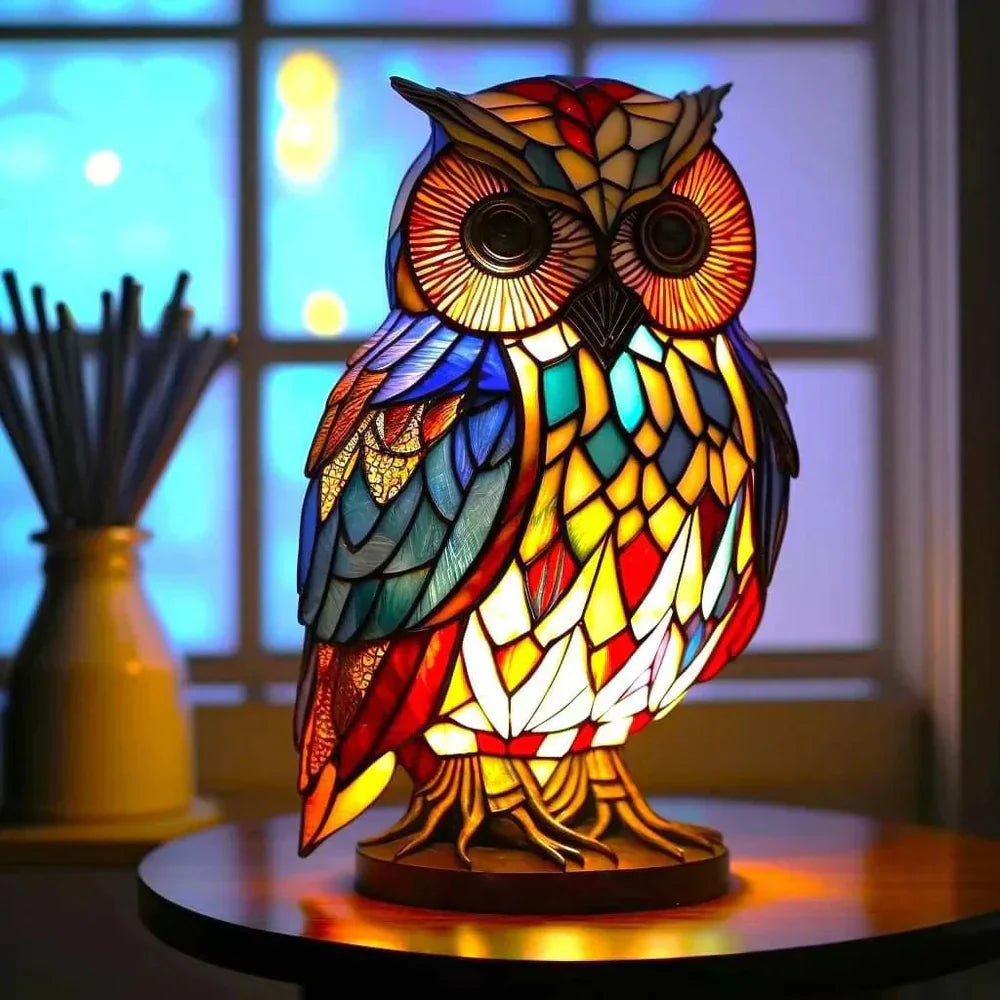 Stained Glass Wolf Table Lamp With Colourful Mosaic Shade And Ambient Glow