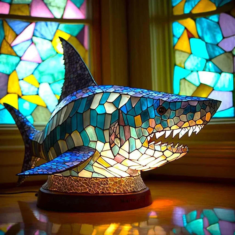Stained Glass Wolf Table Lamp With Colourful Mosaic Shade And Ambient Glow