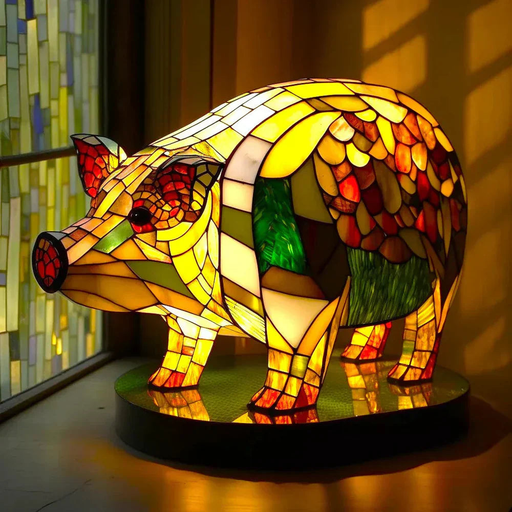 Stained Glass Wolf Table Lamp With Colourful Mosaic Shade And Ambient Glow