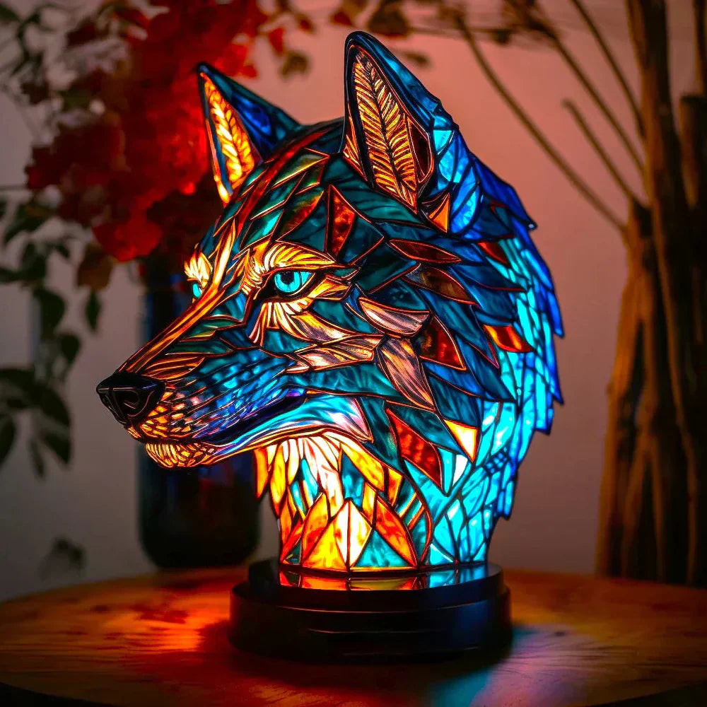Stained Glass Wolf Table Lamp With Colourful Mosaic Shade And Ambient Glow
