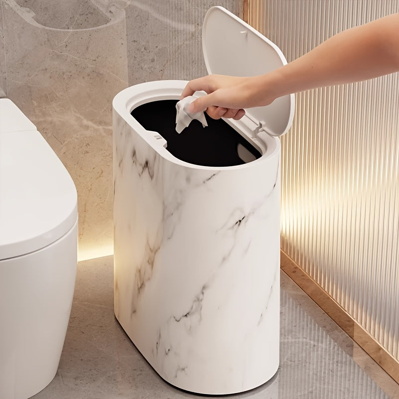 Marble Effect Bathroom Bin with Lid Slim Oval Waste Bin Modern Rubbish Bin Space-Saving Trash Can for Bathroom | Kitchen and Office