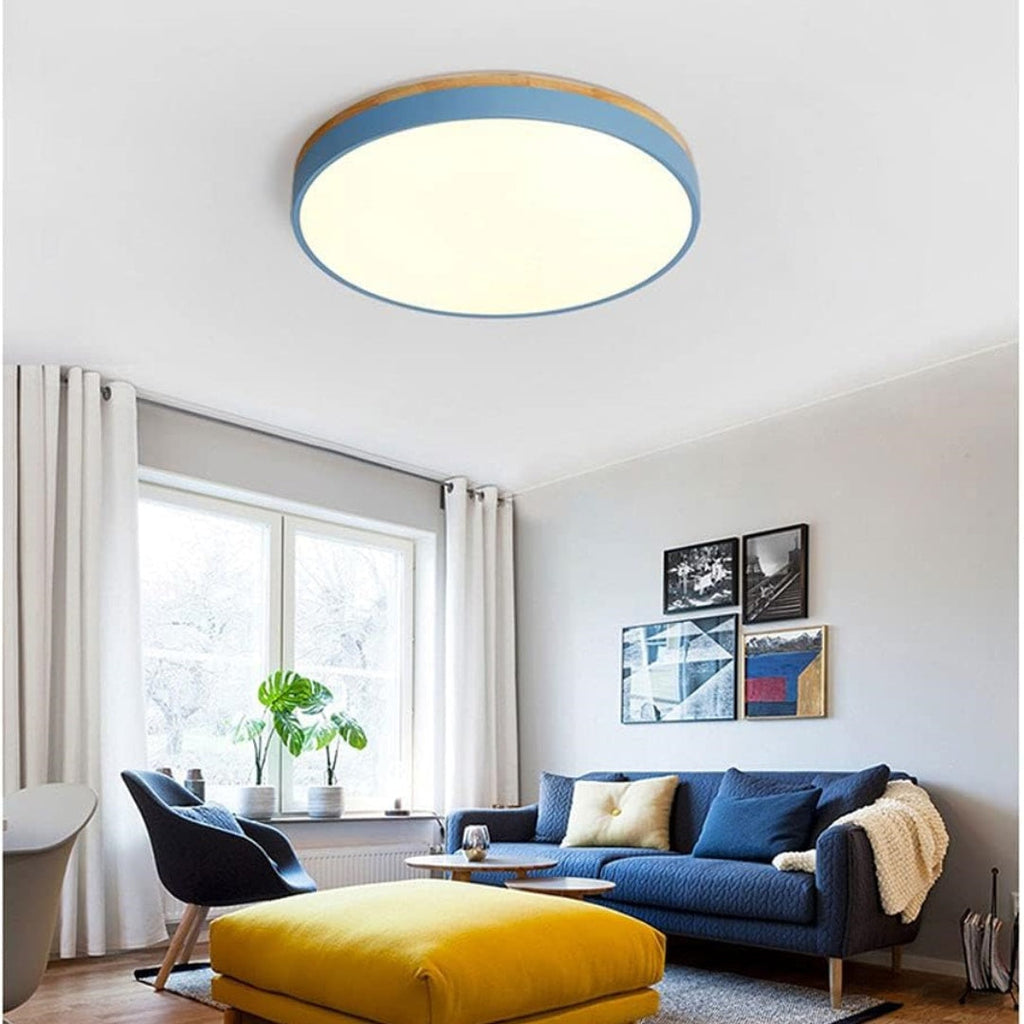 Round Flush LED Ceiling Light with Wood Trim for Living Room