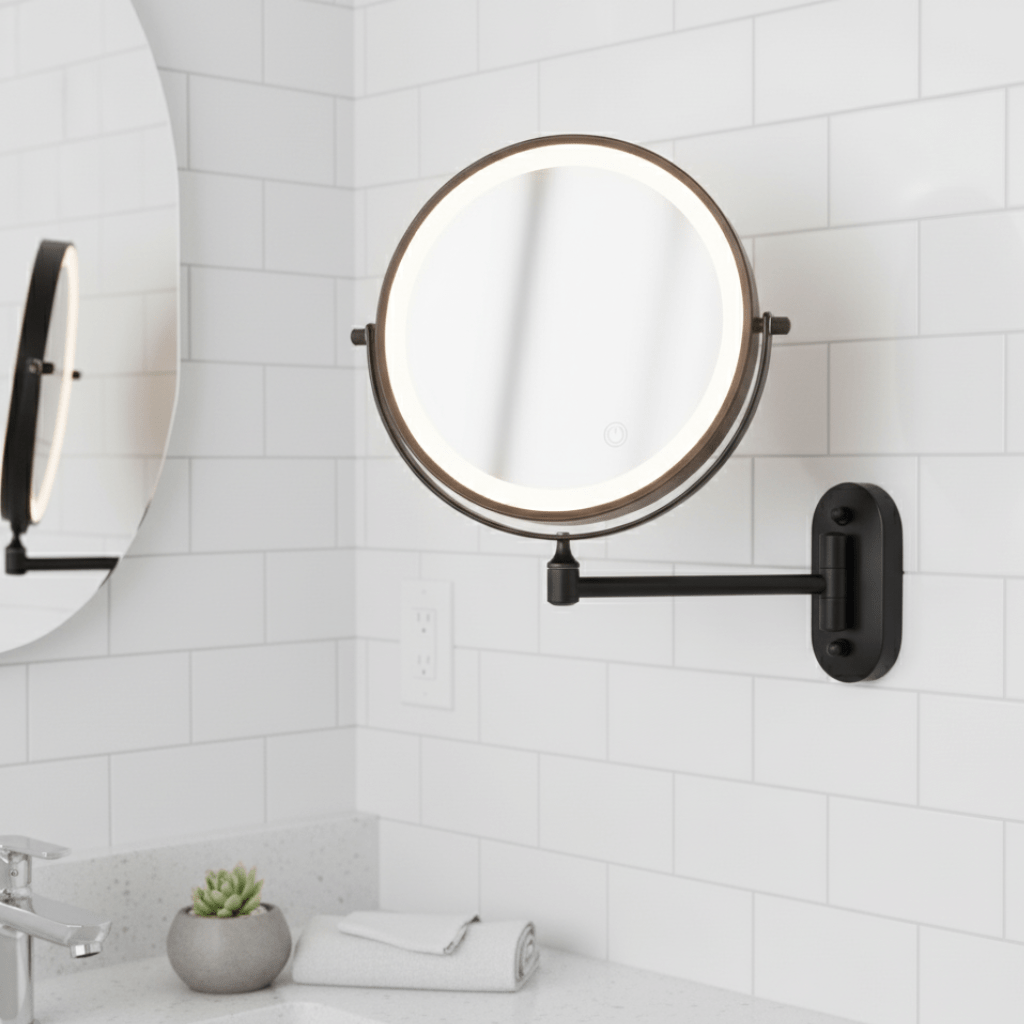LED Magnifying Makeup Mirror Wall-Mounted Rechargeable Illuminated Vanity Mirror with Touch Control and Extendable Arm