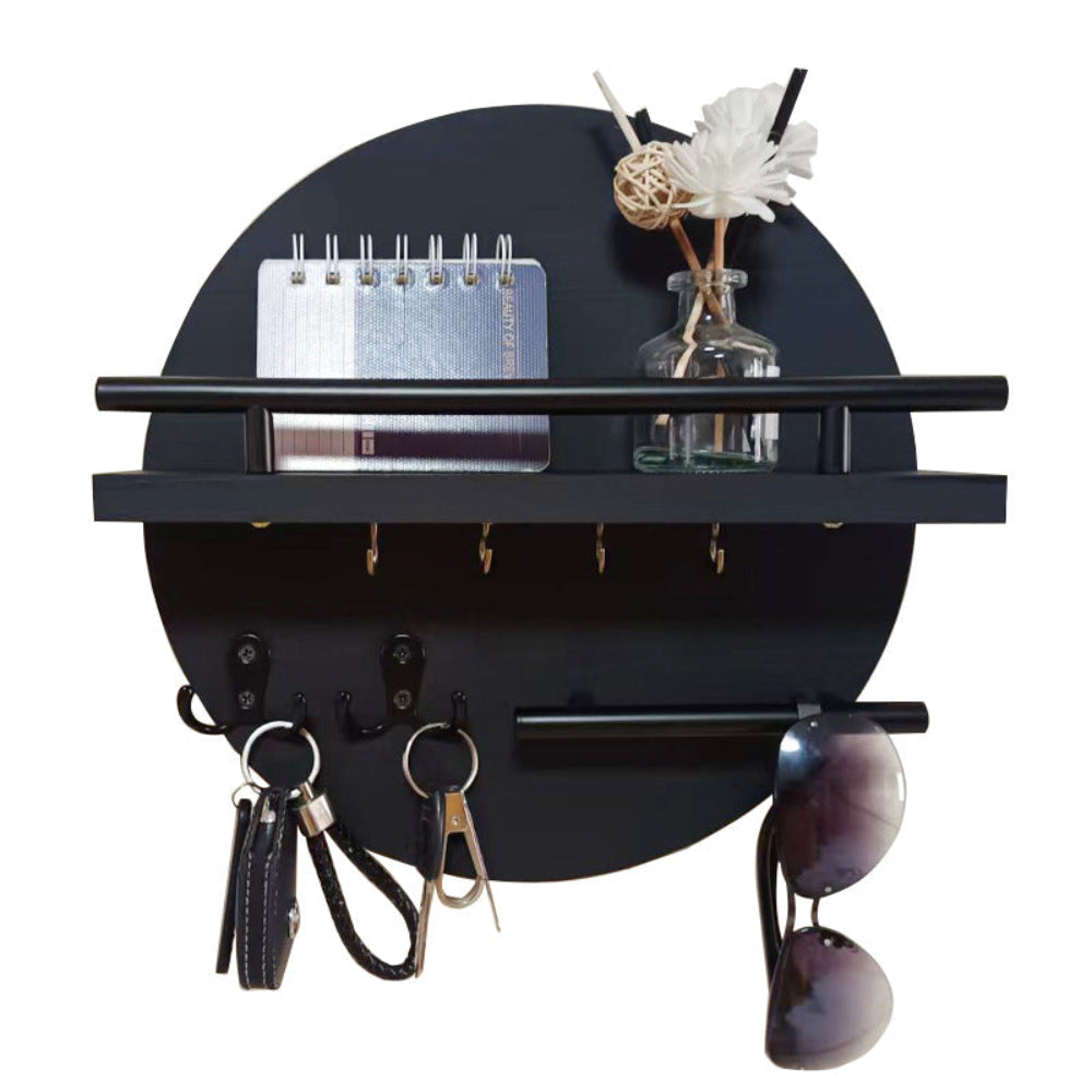 Round Wooden Key Holder Wall Mounted Entryway Organiser with Hooks and Shelf Wood and Metal Key Rack for Hallway | Living Room and Office