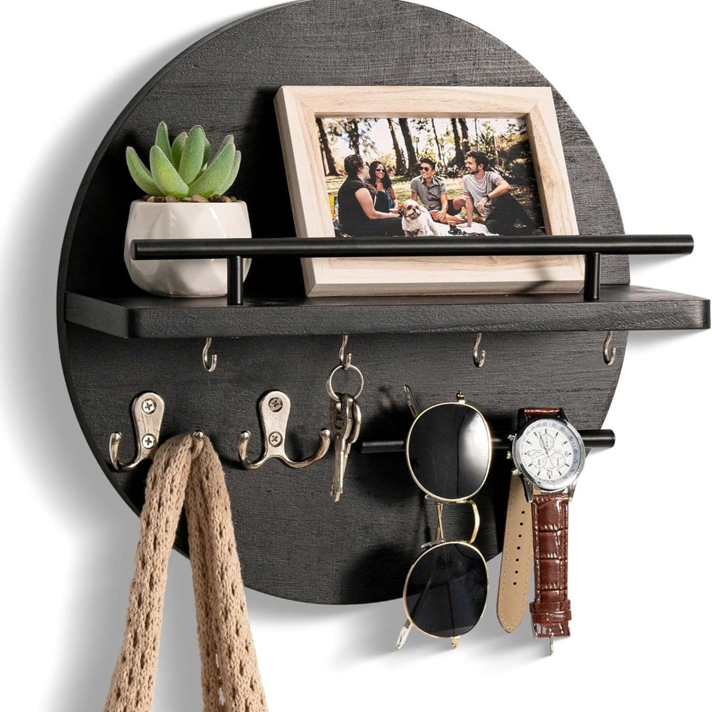 Round Wooden Key Holder Wall Mounted Entryway Organiser with Hooks and Shelf Wood and Metal Key Rack for Hallway | Living Room and Office