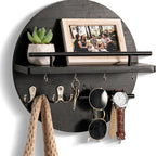 Round Wooden Key Holder Wall Mounted Entryway Organiser with Hooks and Shelf Wood and Metal Key Rack for Hallway | Living Room and Office