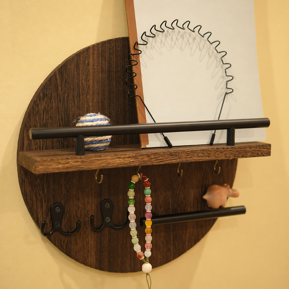 Round Wooden Key Holder Wall Mounted Entryway Organiser with Hooks and Shelf Wood and Metal Key Rack for Hallway | Living Room and Office