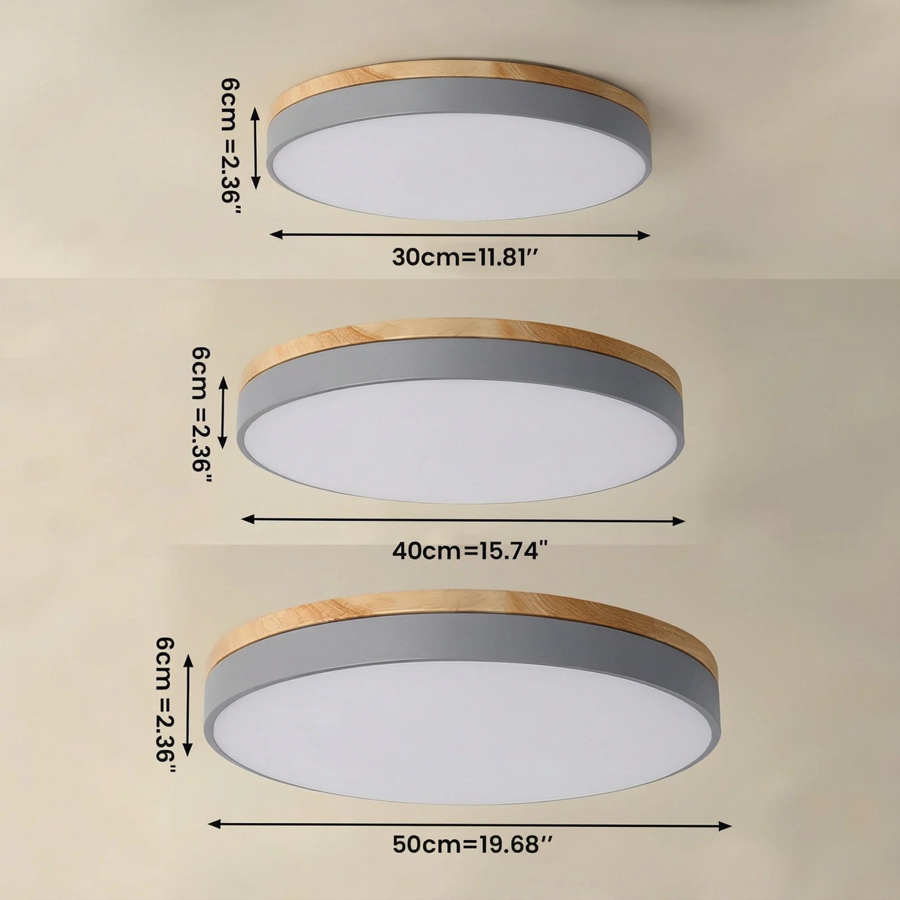 Round Flush LED Ceiling Light with Wood Trim for Living Room
