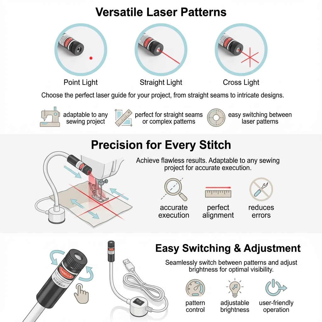 Magnetic Laser Guide Light for Sewing Machines Flexible Gooseneck Stitch Line Projector USB Powered Quilting Seam Guide Crosshair | Line or Dot