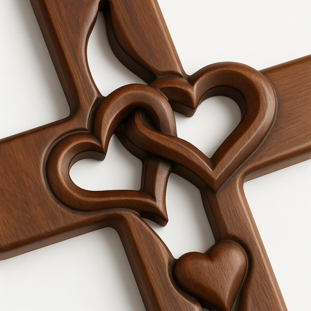 Wooden Cross Wall Decor Carved Intertwined Hearts Hanging Wall Cross Natural Wood Christian Decor for Entryway | Bedroom and Living Room