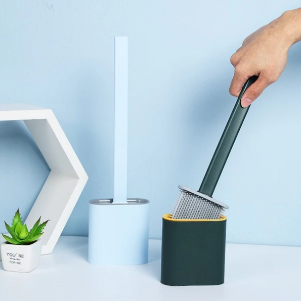 Silicone Toilet Brush with Holder Flexible Flat Brush Head Quick Drying Hygienic Toilet Cleaning Brush Standing or Wall Mounted for Bathroom