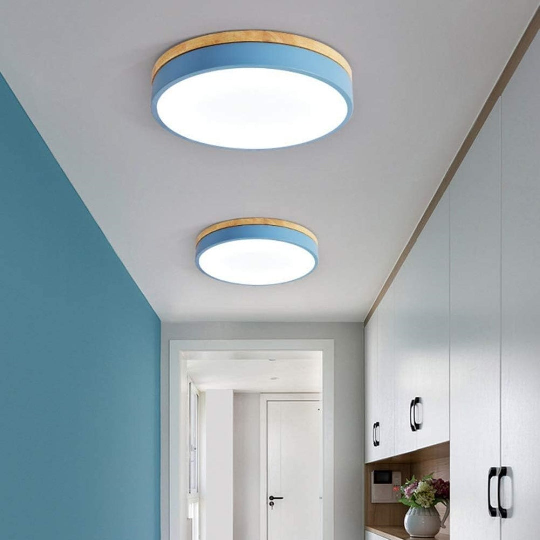 Round Flush LED Ceiling Light with Wood Trim for Living Room