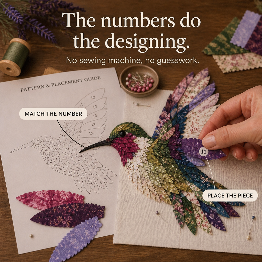 Fabric Patchwork Bird Craft Kit No Sew Layered Textile Art Kit with Pre Cut Numbered Pieces and Wooden Stand Hummingbird | Owl | Robin and More