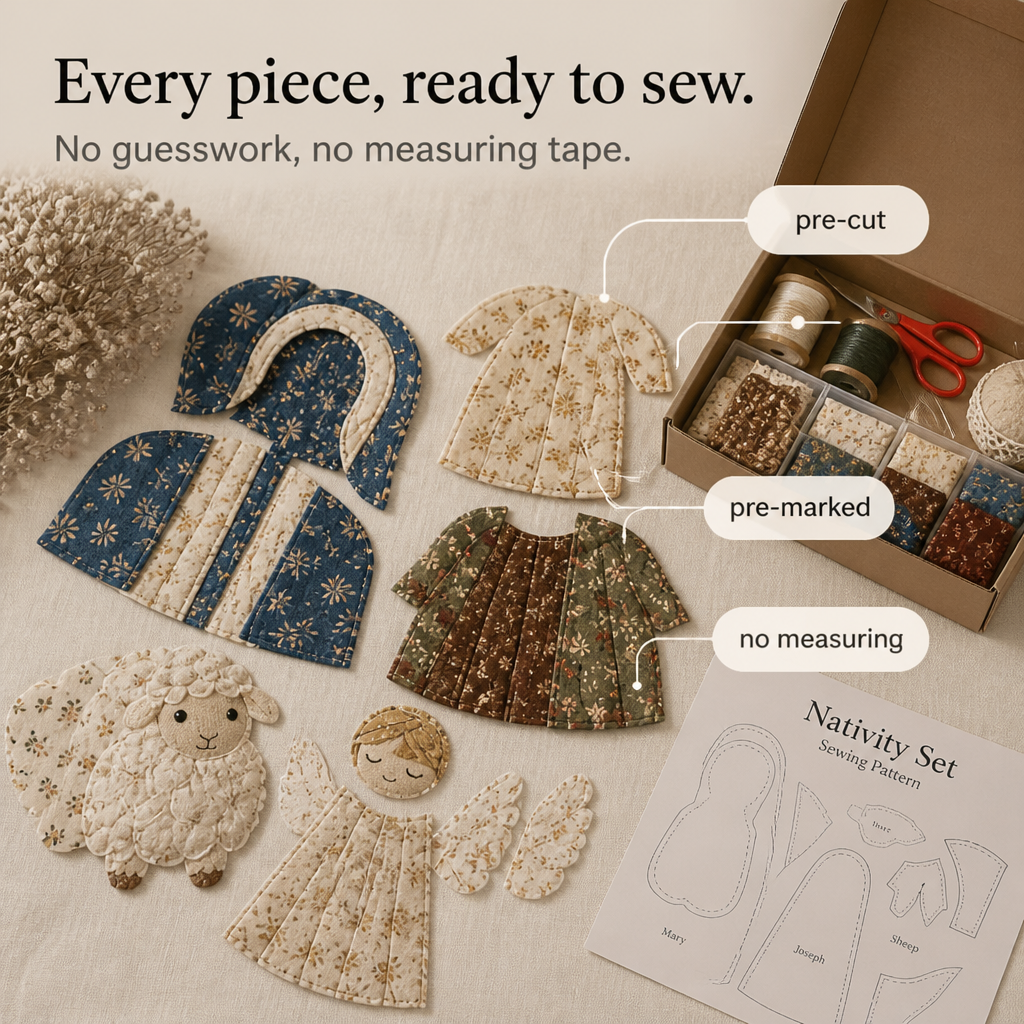 Patchwork Fabric Nativity Sewing Kit Hand Stitched Christmas Nativity Scene Craft Kit with Pre Cut Fabric Pieces and Pattern for Mantel Decoration