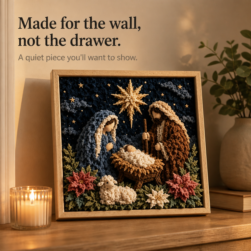 Fabric Tuck Art Kit Pre Punched Board with Wooden Tool No Sew Textured Craft Kit Nativity | Cross and Shepherd Designs Religious Wall Art