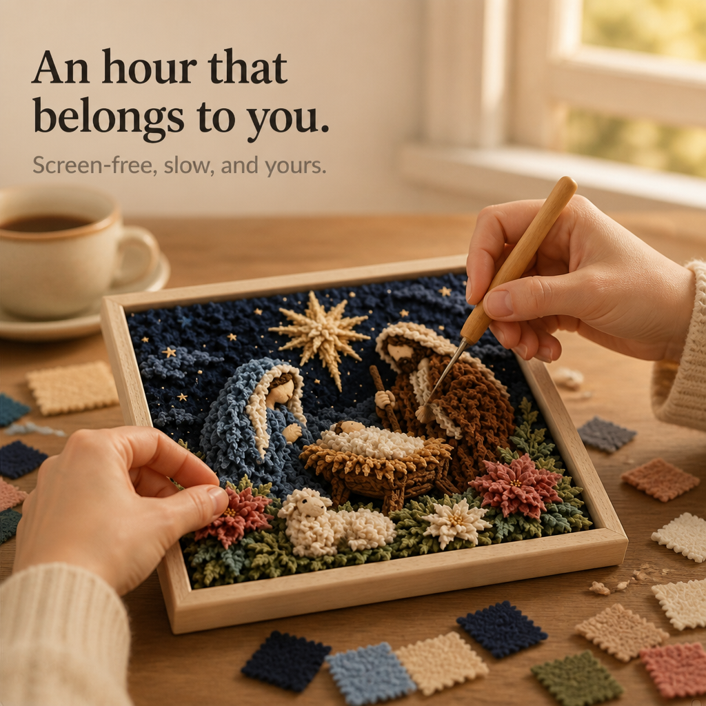 Fabric Tuck Art Kit Pre Punched Board with Wooden Tool No Sew Textured Craft Kit Nativity | Cross and Shepherd Designs Religious Wall Art