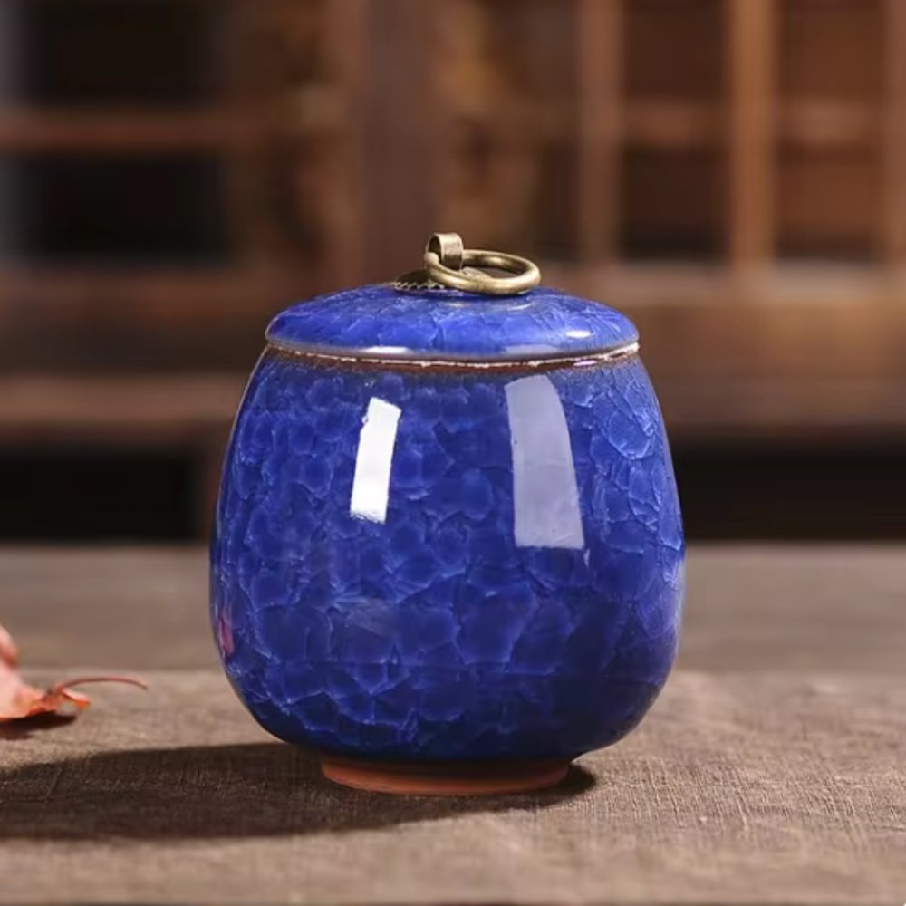 Ceramic Pet Urn with Crackle Glaze and Brass Ring Lid | Keepsake Urn for Ashes