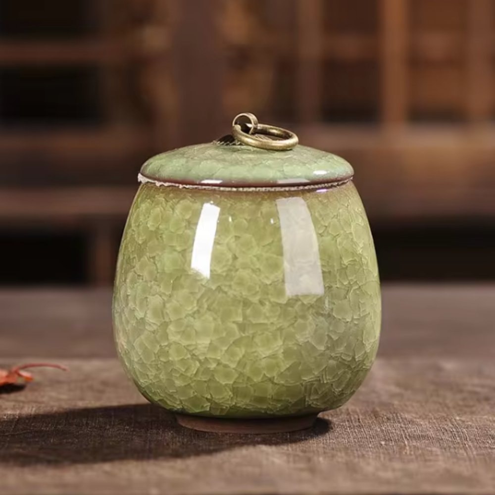 Ceramic Pet Urn with Crackle Glaze and Brass Ring Lid | Keepsake Urn for Ashes