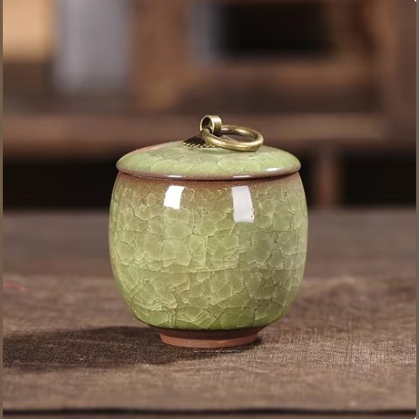 Ceramic Pet Urn with Crackle Glaze and Brass Ring Lid | Keepsake Urn for Ashes