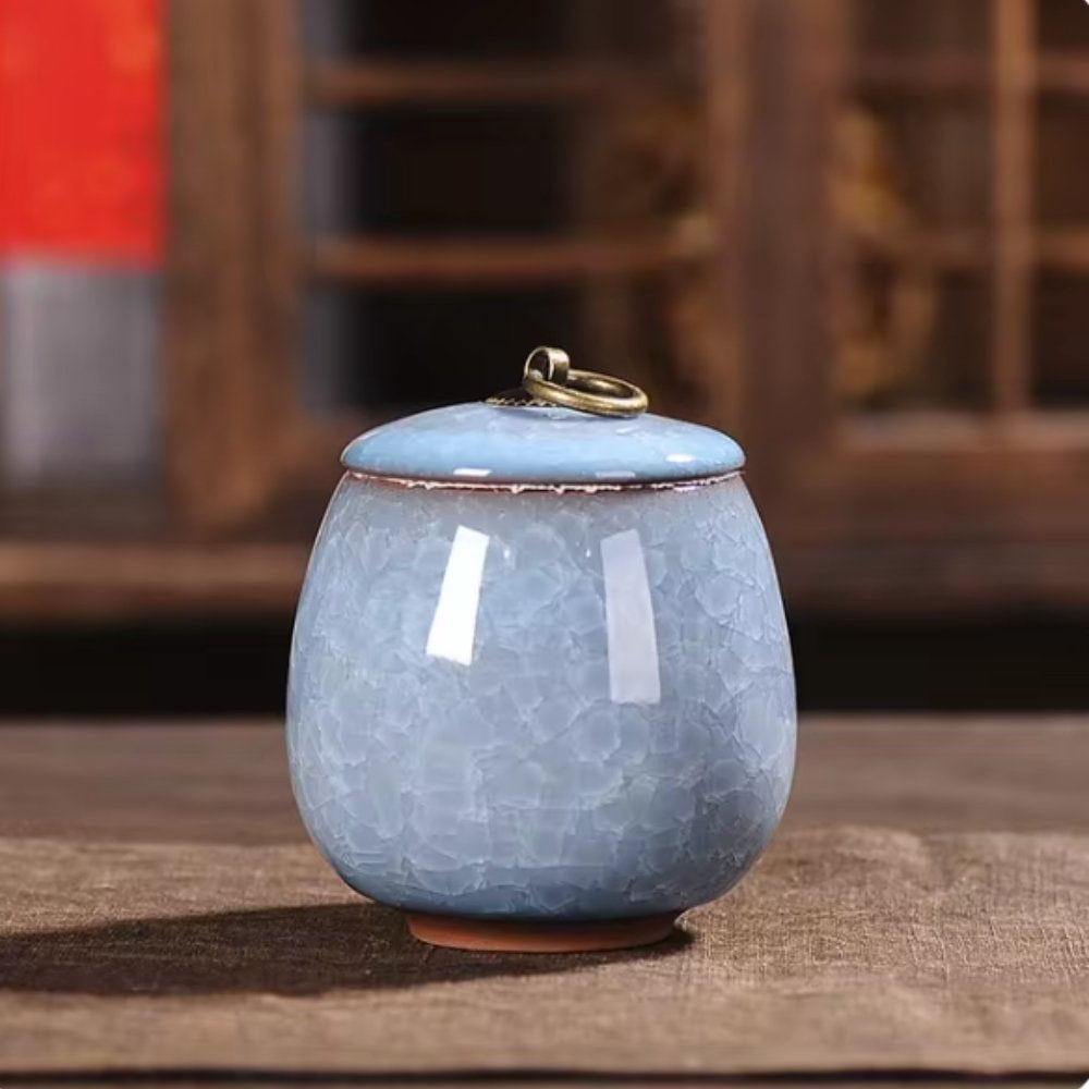 Ceramic Pet Urn with Crackle Glaze and Brass Ring Lid | Keepsake Urn for Ashes